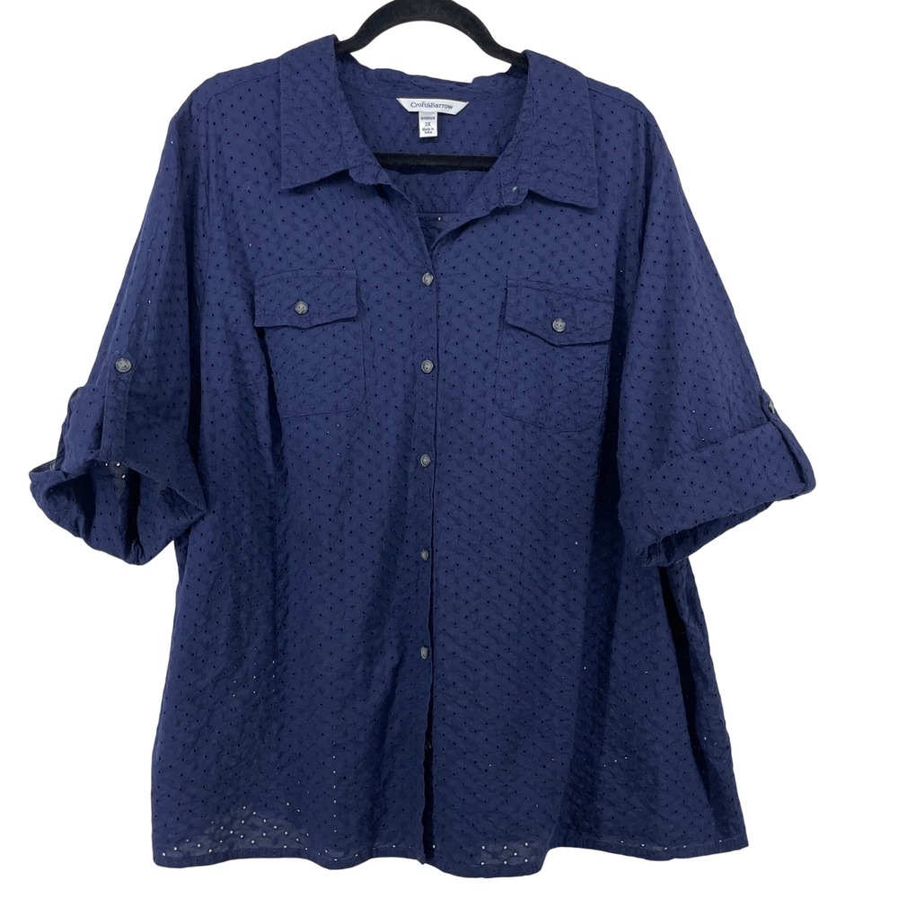 Croft & Barrow Size 3X Eyelet Button Down Navy Blue Roll-Tab Sleeve Shirt Women